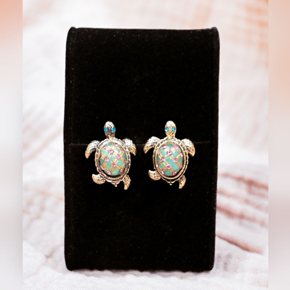 Gold Turtle Earrings with Multicolor Accents